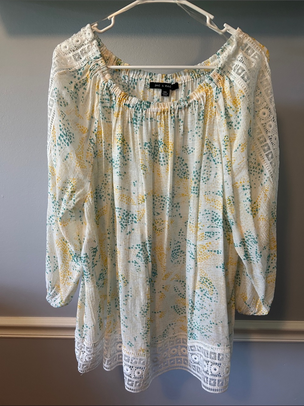Zac & Rachel White Tunic with Yellow and Teal Print Lace Detail